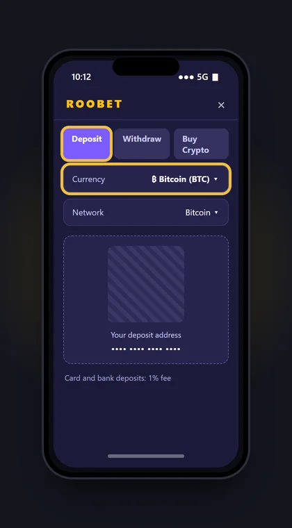 Illustrasjon av en mobil med kassen hos Roobet: fanene Deposit, Withdraw og Buy Crypto og valg av Bitcoin