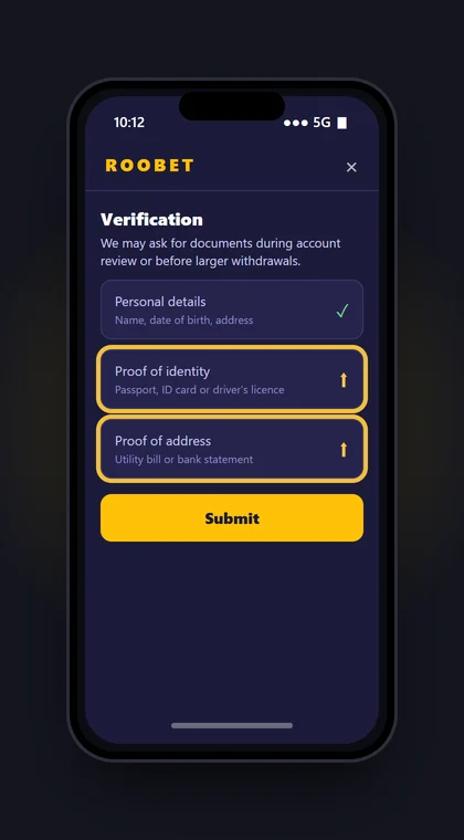 Illustrasjon av en mobil med verifiseringen hos Roobet: personopplysninger, ID og adressebevis