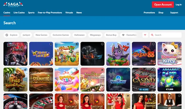 Casinolobbyen hos Saga Kingdom med Blood Eternal, ChilliPop, Great 88 og Kawaii Kitty