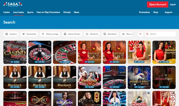 Live casino hos Saga Kingdom med baccarat, blackjack, rulett og Dragon Tiger