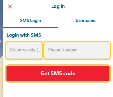 Fanen SMS Login hos Saga Kingdom med feltene for landskode og mobilnummer og knappen Get SMS code