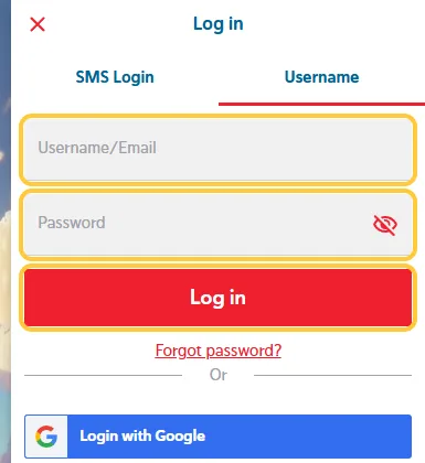 Fanen Username hos Saga Kingdom med feltene Username/Email og Password, knappen Log in og lenken Forgot password