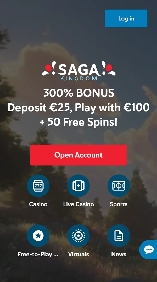 Forsiden til Saga Kingdom på mobil med 300 % bonus og knappen Open Account
