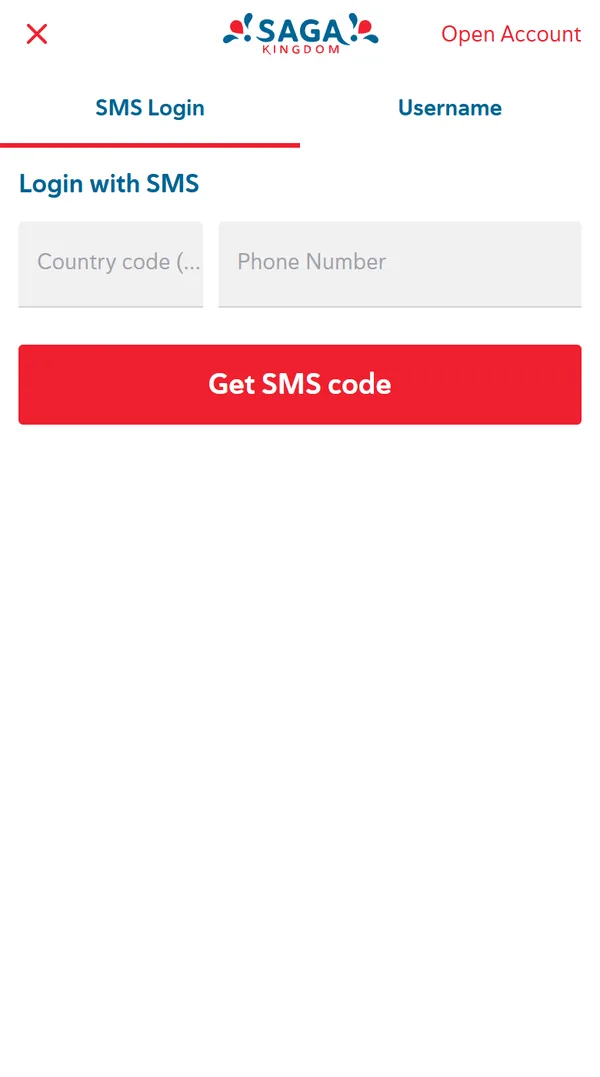 Innloggingen hos Saga Kingdom på mobil med fanene SMS Login og Username