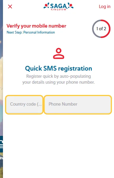 Steg 1 av 2 i registreringen hos Saga Kingdom: Quick SMS registration med landskode og mobilnummer