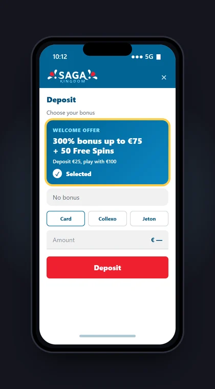 Illustrasjon av en mobil med innskudd hos Saga Kingdom der velkomsttilbudet 300 % er valgt