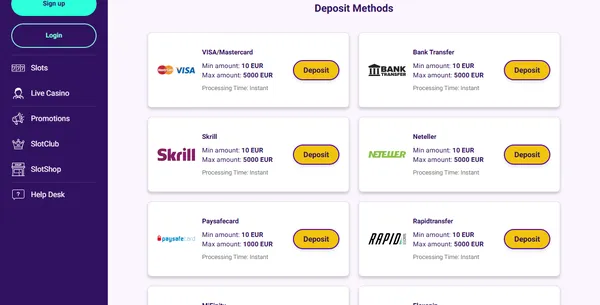Betalingssiden hos Slotbox med Visa og Mastercard, bankoverføring, Skrill, Neteller, Paysafecard og Rapidtransfer