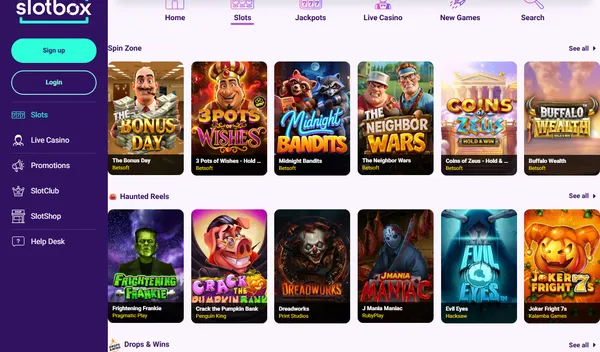 Automatlobbyen hos Slotbox med radene Spin Zone og Haunted Reels og spill som The Bonus Day og Frightening Frankie