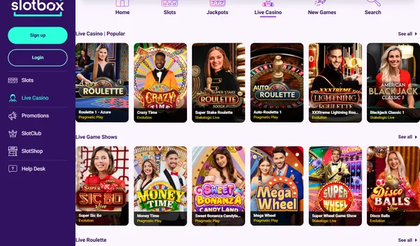 Live casino hos Slotbox med Crazy Time, XXXtreme Lightning Roulette og game shows som Mega Wheel