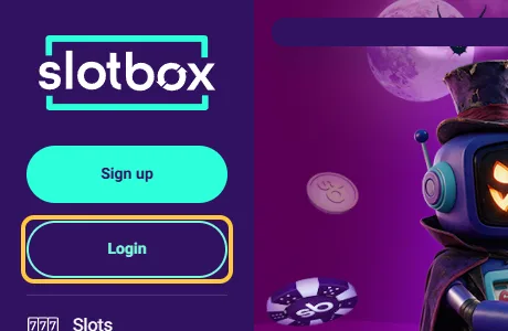 Knappen Login i menyen til venstre hos Slotbox, under den turkise Sign up