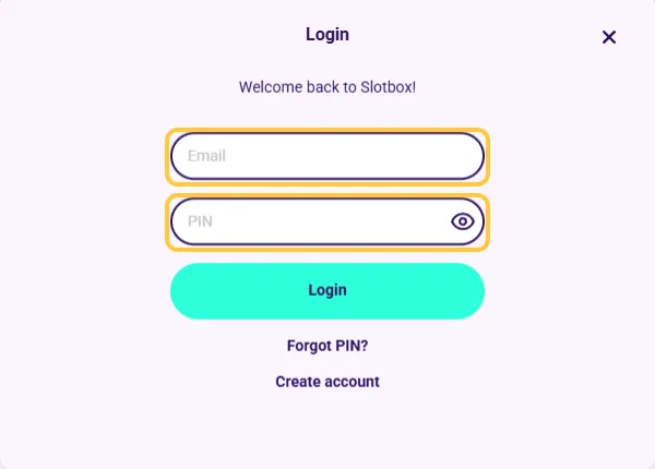 Innloggingsvinduet hos Slotbox med feltene Email og PIN