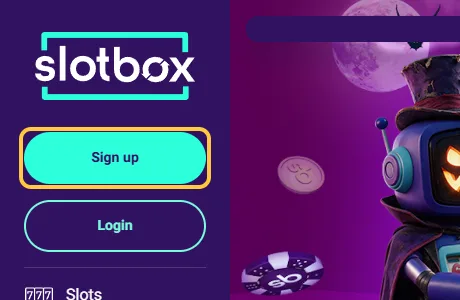 Den turkise knappen Sign up øverst i menyen hos Slotbox