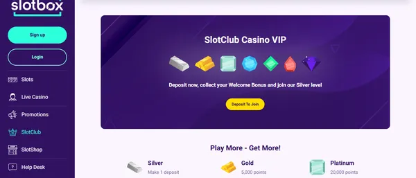 SlotClub Casino VIP hos Slotbox med nivåene Silver, Gold og Platinum