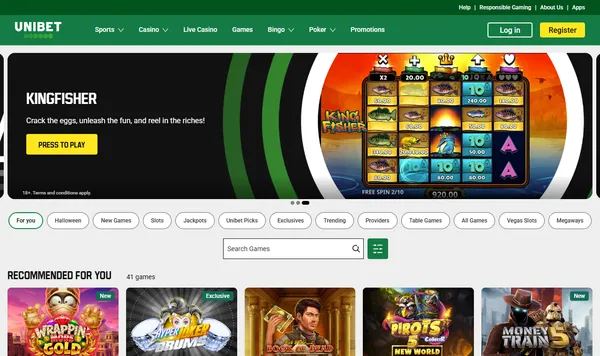 Casinolobbyen hos Unibet med kategorier som Slots, Jackpots, Unibet Picks og Exclusives