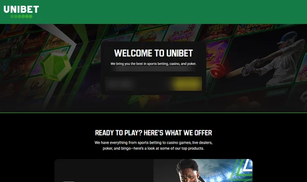 Forsiden på unibet.com med teksten Welcome to Unibet og produktene sport, casino og poker