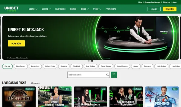 Live casino hos Unibet med Unibet Blackjack og faner for rulett, blackjack og game shows