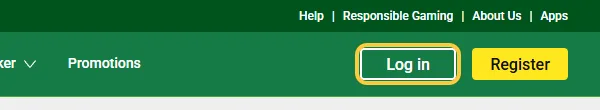 Knappen Log in øverst til høyre hos Unibet, ved siden av den gule Register