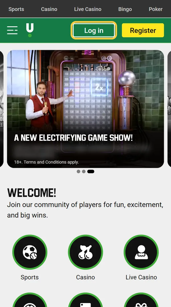 Unibet på mobil med knappene Log in og Register ved siden av U-logoen