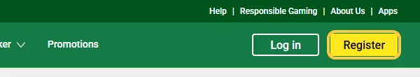 Den gule knappen Register øverst til høyre hos Unibet