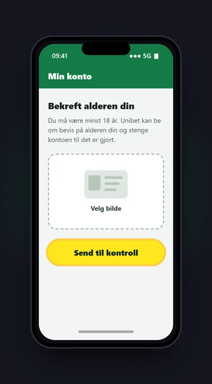 Illustrasjon av en mobil der Unibet-kontoen ber deg bekrefte at du er over 18 år