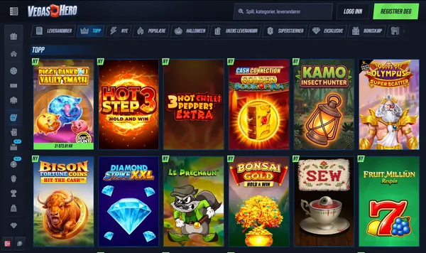 Topp-fanen i casinolobbyen hos VegasHero med Hot Step 3, Gates of Olympus Super Scatter og andre spill