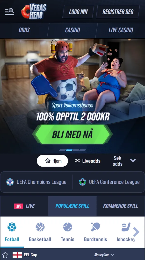 VegasHero på mobil med fanene Odds, Casino og Live casino