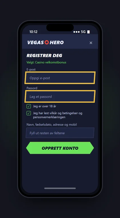 Illustrasjon av en mobil med steg 2 av registreringen hos VegasHero: e-post, passord, avkrysning og Opprett konto