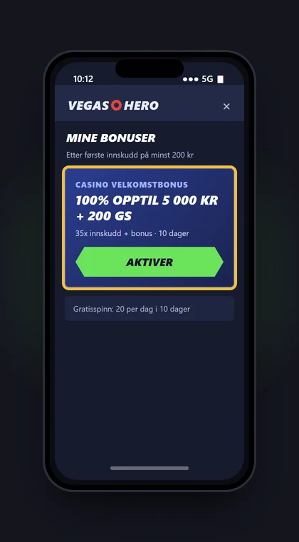 Illustrasjon av en mobil med Mine bonuser hos VegasHero der velkomstbonusen aktiveres etter innskuddet