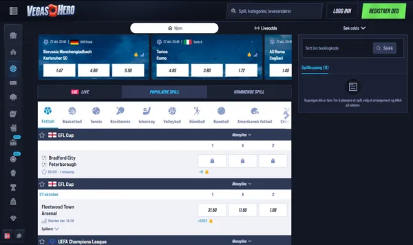 Sportsboken hos VegasHero med odds på Serie A, DFB-Pokal og EFL Cup