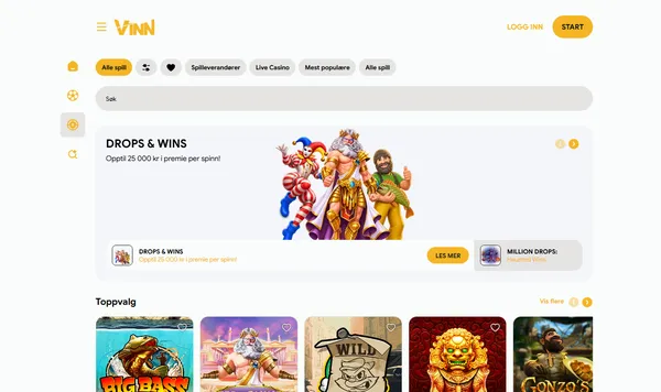 Casinolobbyen hos Vinn med Drops & Wins-banneret og Toppvalg