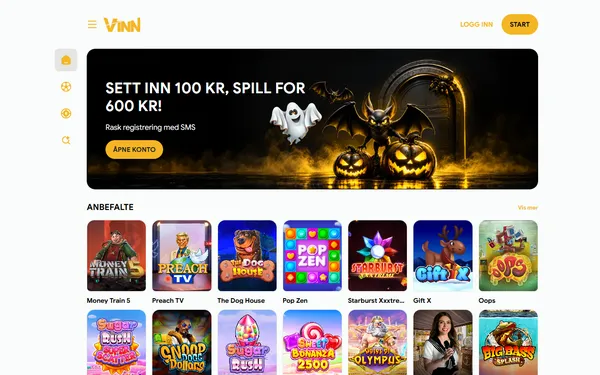 Forsiden hos Vinn med banneret Sett inn 100 kr, spill for 600 kr og anbefalte spill