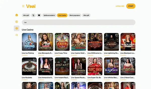 Live casino hos Vinn med Ice Fishing, Crazy Time og Lightning Roulette fra Evolution