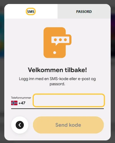 Innloggingsvinduet hos Vinn med fanen SMS og feltet Telefonnummer med +47