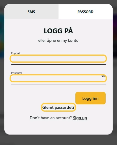 Fanen PASSORD hos Vinn med feltene E-post og Passord og lenken Glemt passordet