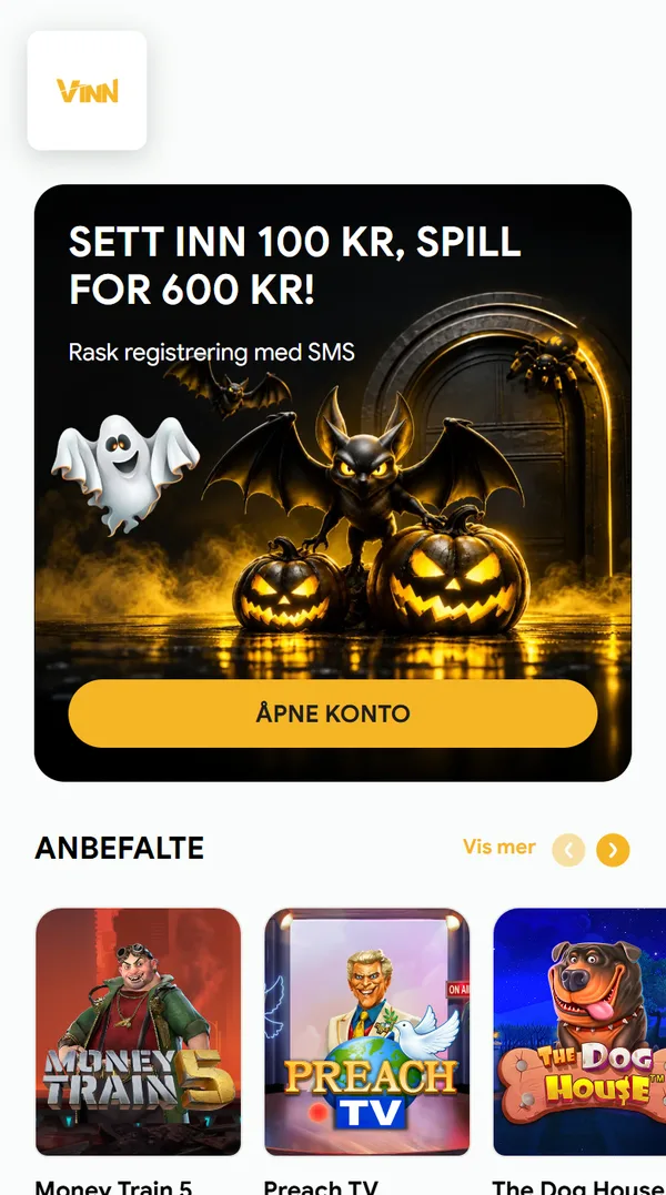 Forsiden hos Vinn på mobil med velkomsttilbudet og knappen ÅPNE KONTO