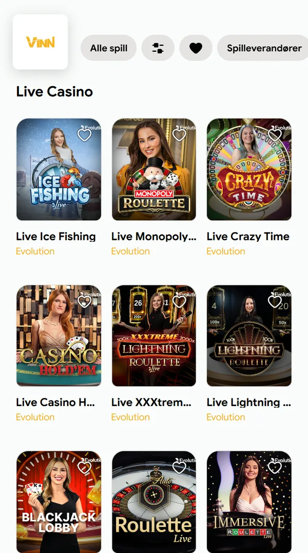 Live casino hos Vinn på mobil med bord fra Evolution