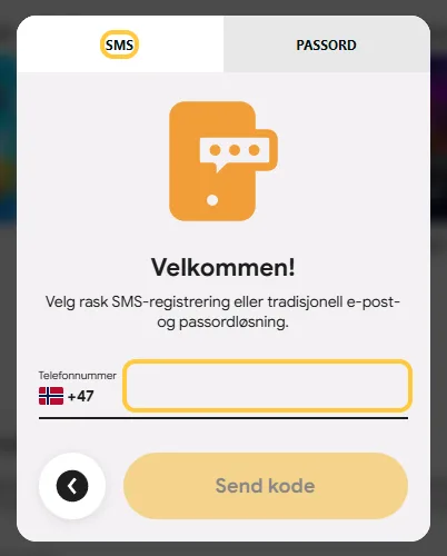 Registreringsvinduet hos Vinn med fanene SMS og PASSORD og feltet Telefonnummer