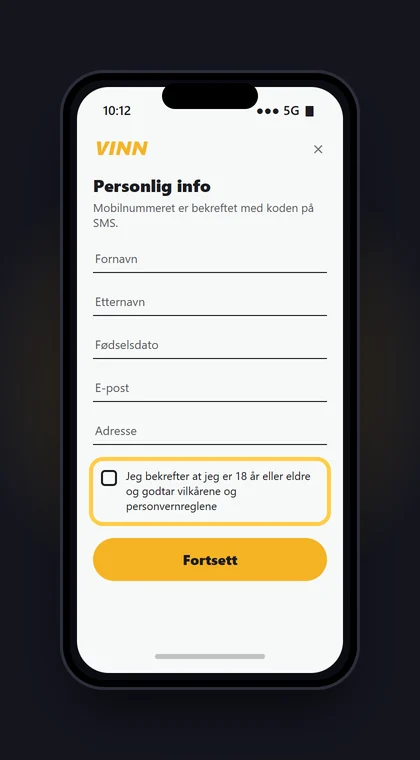 Illustrasjon av en mobil med personopplysningene i registreringen hos Vinn og avkrysning for 18 år og vilkår