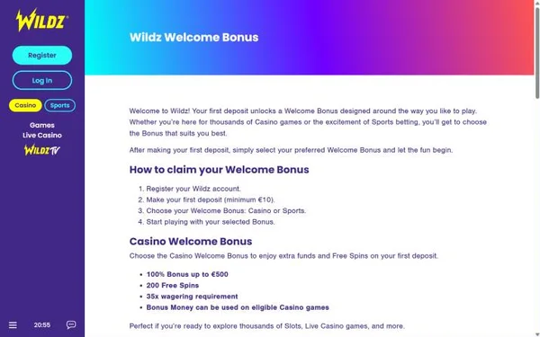 Siden Wildz Welcome Bonus med valget mellom casino- og sportsbonus