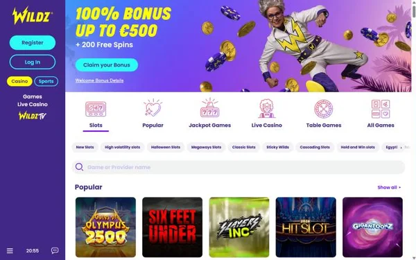Casinolobbyen hos Wildz med velkomstbonusen, fanene Slots og Live Casino og populære spill