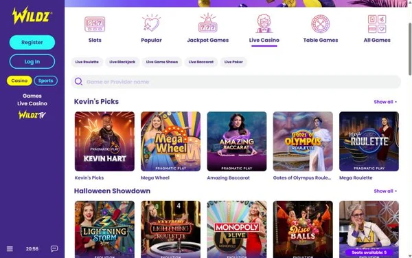 Live casino hos Wildz med Mega Wheel, Amazing Baccarat og Lightning Storm