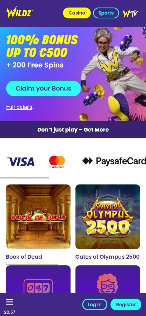Forsiden til Wildz på mobil med 100 % bonus opptil €500 og knappene Log In og Register nederst