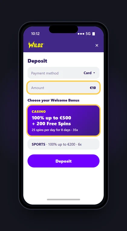 Illustrasjon av en mobil med første innskudd på €10 og valget Casino-bonus hos Wildz