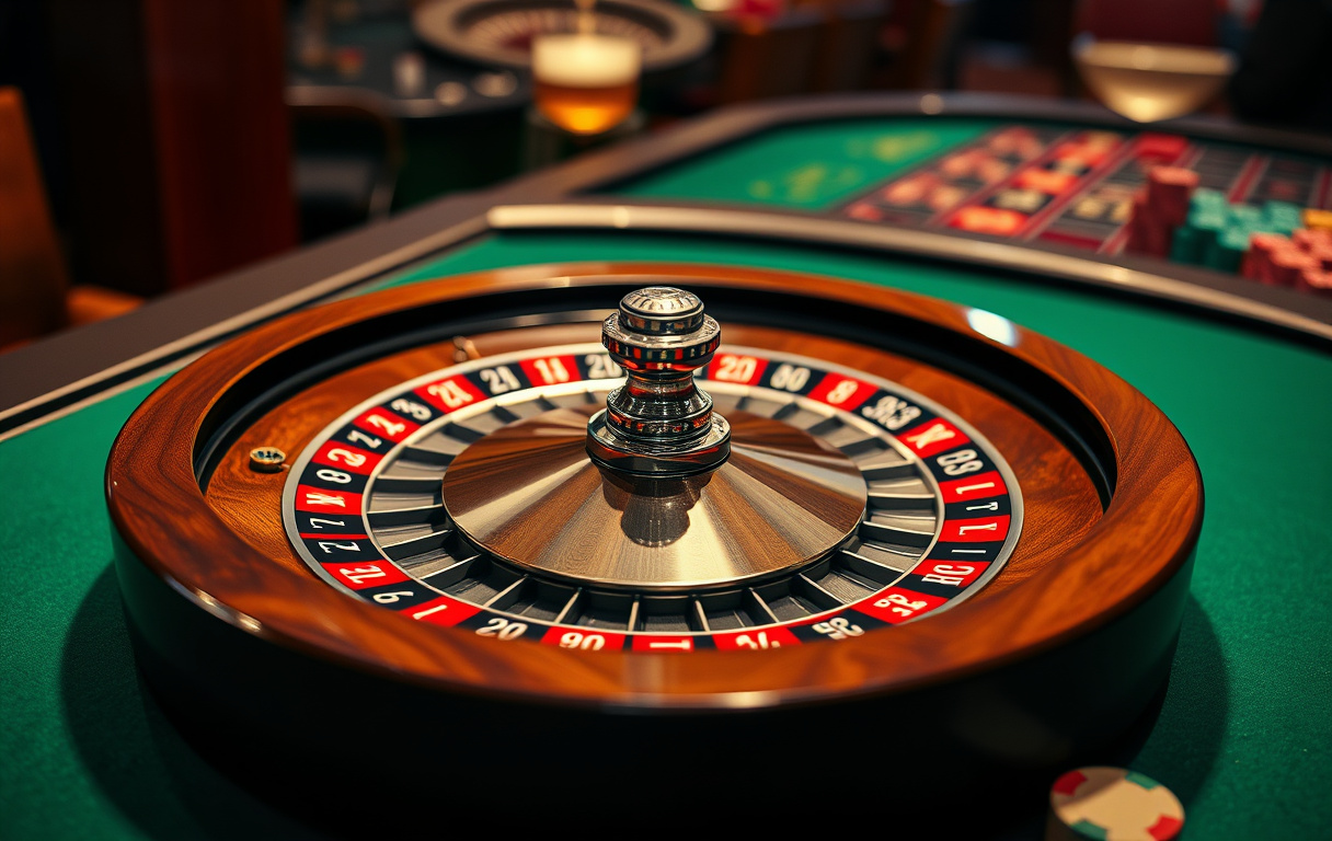Rulett hjul med ball i bevegelse på grønt bord, casino-stemning.